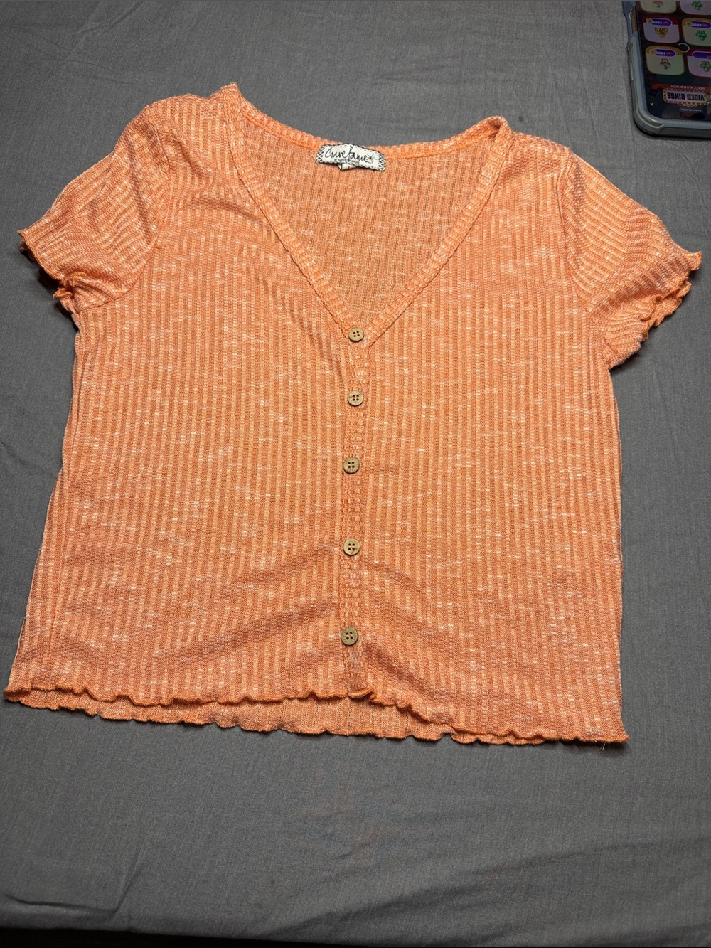 Crave Fame Peach-Orange Ribbed Button-Front V-Neck Top